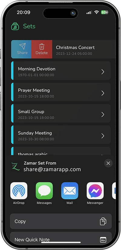 Screenshot of how to share music in Zamar