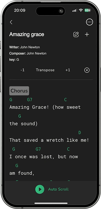 Screenshot of transposing chords in Zamar